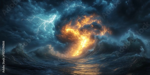 Dramatic Stormy Sky with Lightning Over Turbulent Ocean Waves thunder tempest