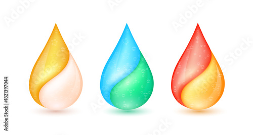 Collagen solution and Vitamins droplet. Atoms and molecules are inside isolated on white background for designing cosmetic products. Medical scientific concepts. 3D Vector.