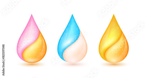 Atoms and molecules are inside vitamins droplet and collagen solution isolated on white background for designing cosmetic products. Medical scientific concepts. 3D Vector.