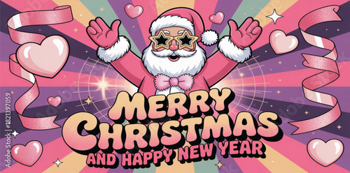 Whimsical quirky Merry Christmas and Happy New Year poster with dancing Santa Claus wearing sparkly star glasses, fluffy coquette bow tie, pink glitter accents, heart confetti, disco ball lighting.