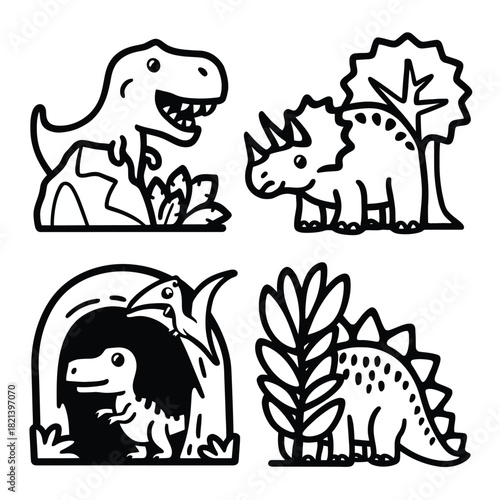 Cute cartoon dinosaurs set: tyrannosaurus, triceratops, pterodactyl, stegosaurus isolated on white background, Vector, illustration