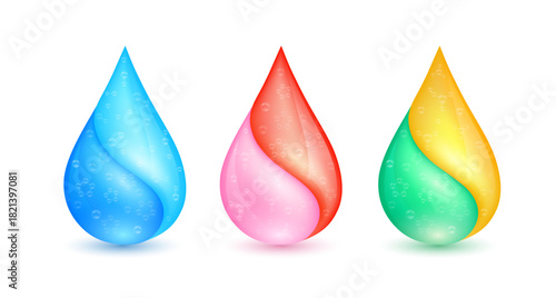 Collagen solution and Vitamins droplet with atoms and molecules are inside isolated on white background for designing cosmetic products. Medical scientific concepts. 3D Vector.