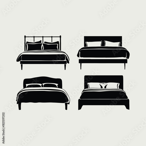 Set of four stylized black bed silhouettes with pillows and duvets on white background. isolated on white background, Vector, illustration