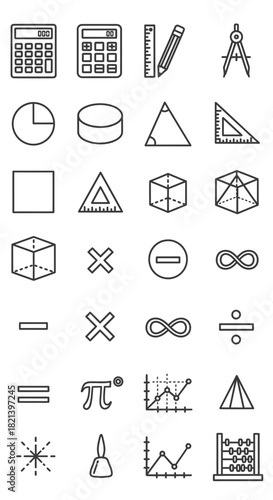 Collection of Mathematical and Geometric Symbols in Line Art Style.