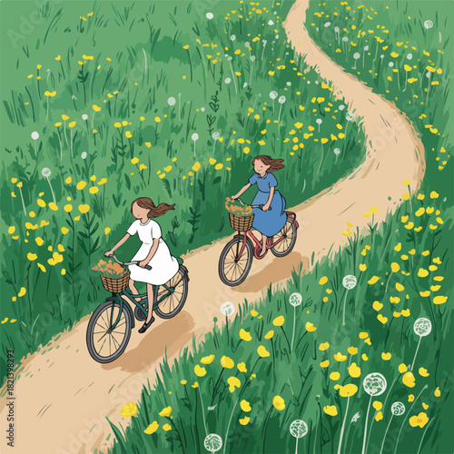 Children riding bicycles for fun cycling activity in the green summer park with people