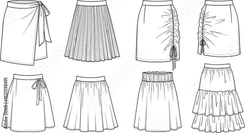Elegant collection of women’s skirt fashion flats showing various silhouettes, pleats, ruching, wrap styles, tiers, and waistband design details