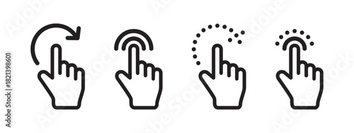 Touch, tap and rotate gesture icons with hand pointer and interaction symbols