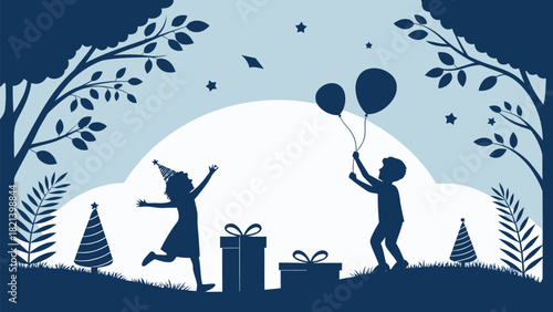 Enchanting children's party in dreamy forest with whimsical trees and gifts, perfect for magical celebrations