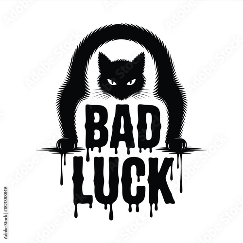 Black cat with dripping text 'bad luck' symbolizing misfortune and superstition isolated on white background, Vector, illustration