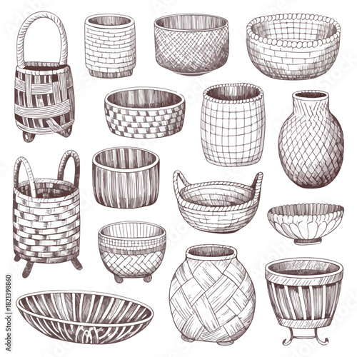 Handmade rustic wicker basket set, woven brown natural straw containers for decoration