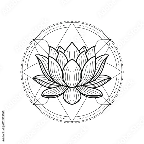 Geometric sacred lotus flower mandala symbol line art on white background isolated on white background, Vector, illustration