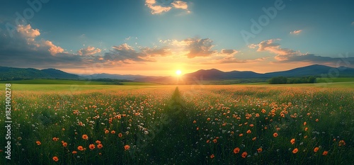 Golden Sunset Over Flower Field and Rolling Hills Landscape sunrise flowers