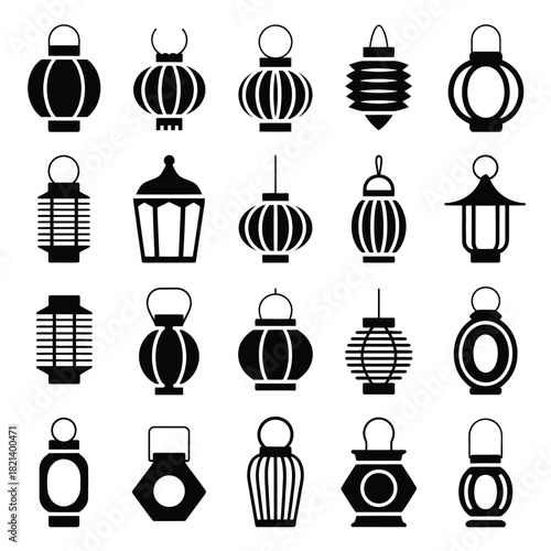Collection of diverse black lantern icons representing tradition and celebration on white background isolated on white background, Vector, illustration