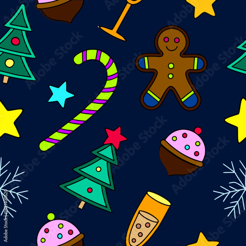 Seamless pattern, New Year, vector, Christmas, festive, snowman, candy cane, champagne, snowflake, stollen, strudel, cupcake, cake, biscuit, caramel, chocolate, wine, liqueur, star, Christmas tree, gl