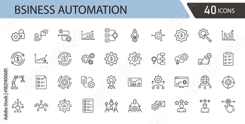 Business automation related icons set including workflow, AI, process optimization, robotics, software tools, system integration, and automatic operations. Outline icons.