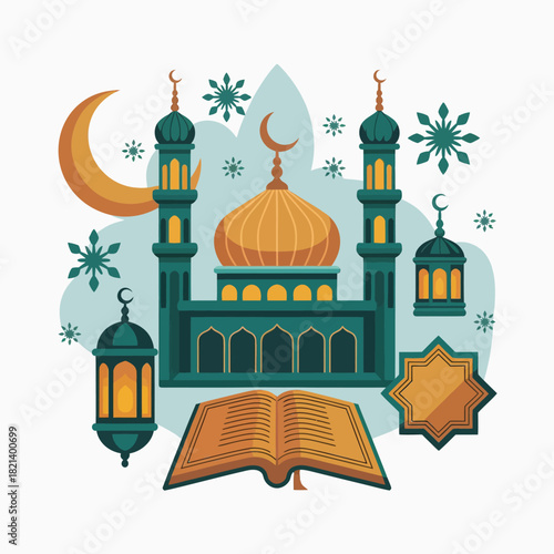Islamic mosque illustration with crescent moon, lantern, star, and holy book, festive design isolated on white background, Vector, illustration