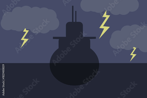 Vector illustration of submarine in the open ocean during a storm with lightning and stormy clouds. EPS 10