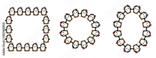 Empty Pixel vector Frame isolated white. Set of cute vector Pixel art penguin Empty Frame template design. Perfect for social media reels stories decor and child photo decoration. EPS 10