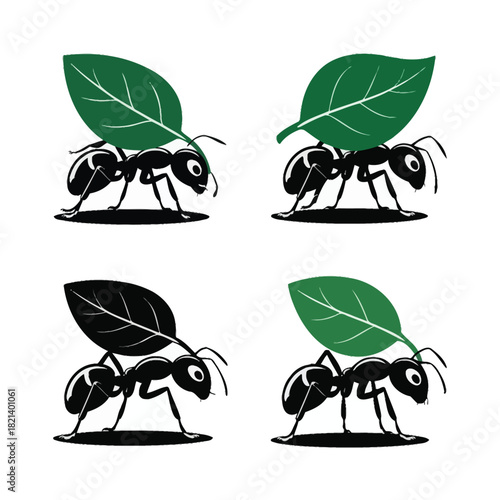 Four stylized ants carrying green leaves on a white background, vector art isolated on white background, Vector, illustration