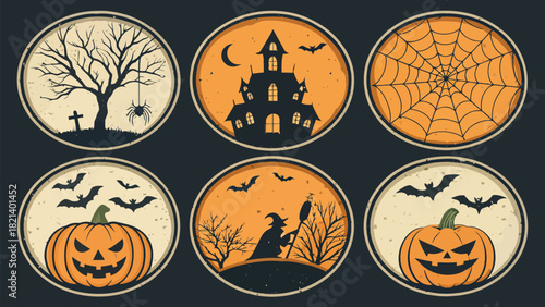 Spooky Halloween icons with bats, pumpkins, haunted house, witch, spiderweb for seasonal design
