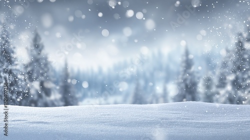 Snowy winter landscape background with soft bokeh, a serene and elegant snowy scene designed as a versatile template for product presentations and seasonal showcases.