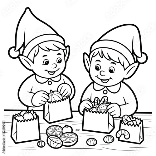 Two cartoon elves in pointy hats packing treats and fruit into gift bags, coloring page style isolated on white background, Vector, illustration