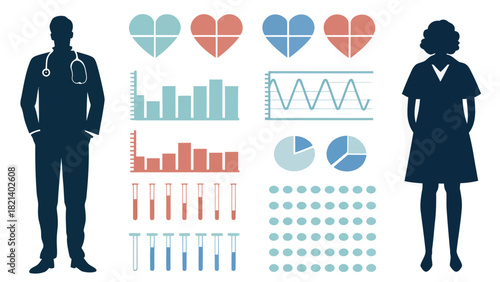 Healthcare professional team with data charts, heartbeat and test tubes, a medical service vector