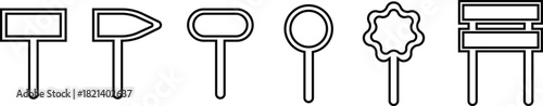 Road Sign Black Line Style Icon Set Collection Group with Various Blank Direction Board Shapes and Synonym Design Elements for Navigation, Guidance, Street Signal Vector