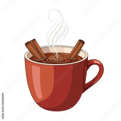 Cozy up with steaming hot chocolate, featuring cinnamon sticks in rustic mug, perfect for winter holidays, festive treats, or comforting beverage designs