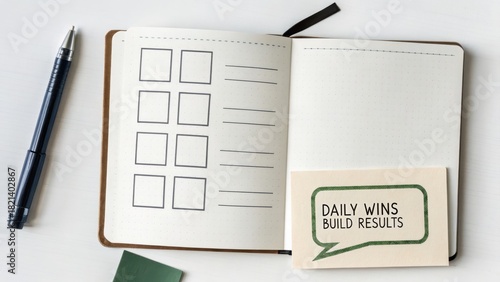 Open planner with checklist and Daily Wins reminder