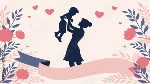 Motherhood joy silhouette with child, floral accents, and ribbon for heartfelt greetings and loving moments