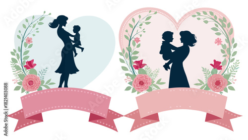 Loving Mother's Day floral design element with silhouettes of mother and child holding each other
