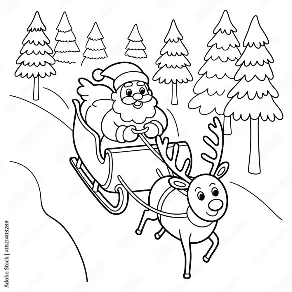 Naklejka premium Santa claus riding his sleigh pulled by a reindeer through a snowy forest scene. isolated on white background, Vector, illustration
