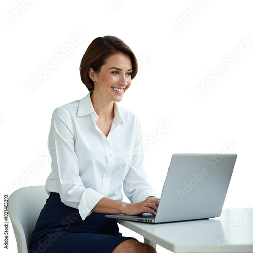 Professional businesswoman working on a laptop in a clean office environment, corporate photoshoot style