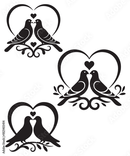 Valentine Dove Couple Heart Silhouette Romantic Vector Design.