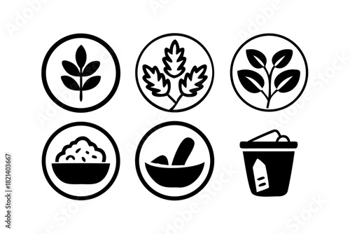 Set of six black and white herbal and food ingredient icons