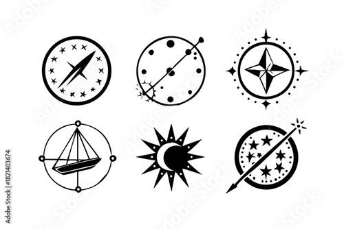Set of six black and white celestial and navigation icons