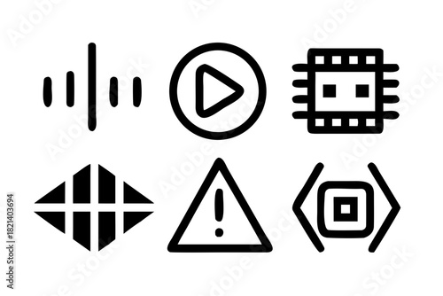 Set of six black solid icons for audio, media, warning, and code