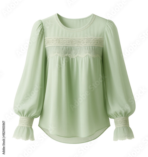 Pastel green chiffon blouse with lace trim and bishop sleeves.