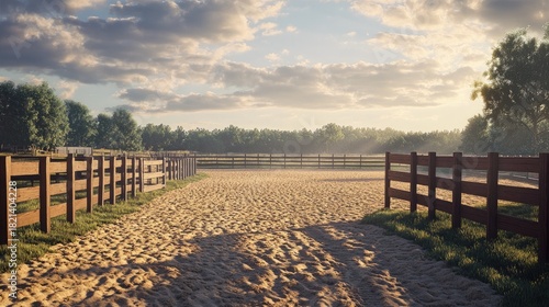 Sunlit equestrian arena with wooden fences and trees under a cloudy sky at dawn