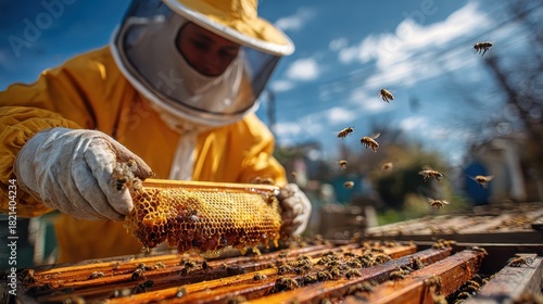 Beekeeper in suit inspecting honeycomb full of honey and bees outside. Perfect for honey, farming, agriculture, healthy food, and apiculture.