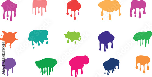 Color paint splashes. Ink splatter spot, abstract colorful blob, blot shapes. Liquid smudge with drops, spray stain. Smudge flat patch, brush splotch. Vector inkblot set
