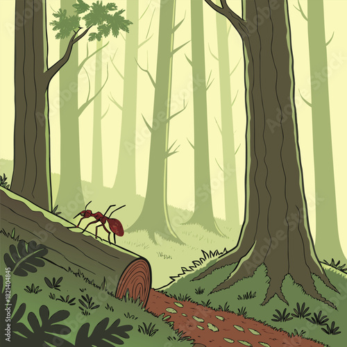 illustration of a forest with trees and ants