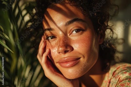 Close up of a young woman with freckles and curly hair in natural light. Use to show natural beauty, skincare, or a healthy lifestyle.