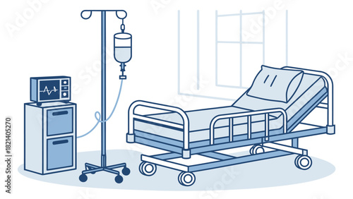 Medical treatment room featuring hospital bed, IV drip and monitor for healthcare promotions