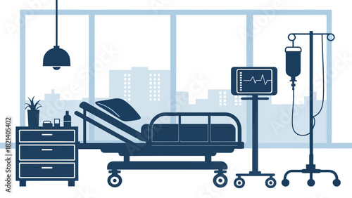 Modern hospital room interior with adjustable bed perfect for healthcare and medical design projects