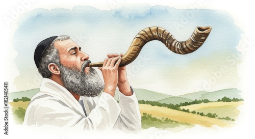 Jewish man blowing shofar during the Rosh Hashanah holiday. Traditional religious practice for the High Holy Days. Watercolor illustration.