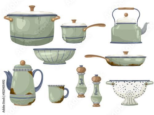 Set of rustic tea service items: Enamel kettle, sugar bowl, teacup, and creamer pitcher. Hand-drawn  illustration in a charming vintage watercolor style, isolated for menu, breakfast