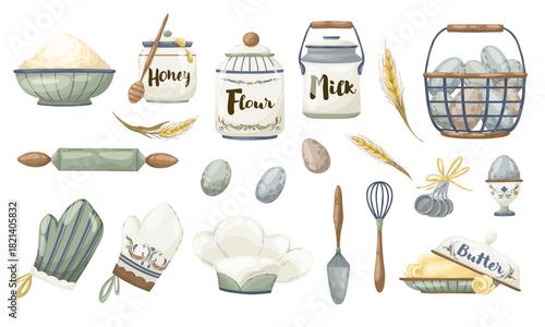 Set of rustic tea service items: Enamel kettle, sugar bowl, teacup, and creamer pitcher. Hand-drawn  illustration in a charming vintage watercolor style, isolated for menu, breakfast