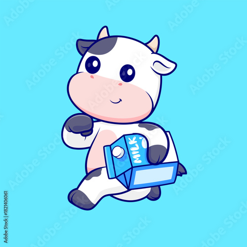 Cute Cow Running With Milk Cartoon